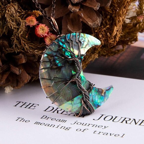 Life Tree Crescent Moon Necklaces for Women, Copper Wire Wrap Gemstones Pendant - Picture 5 of 8